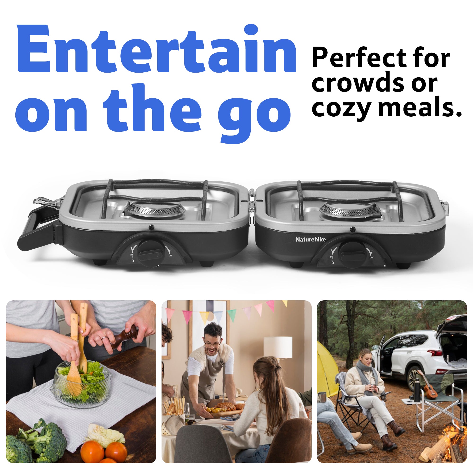 The IAPMO certified Naturehike Phantom 2-Burner Folding Camping Stove in a lively outdoor setting, perfect for entertaining crowds or preparing cozy meals on the go, highlighting its versatility for any gathering.